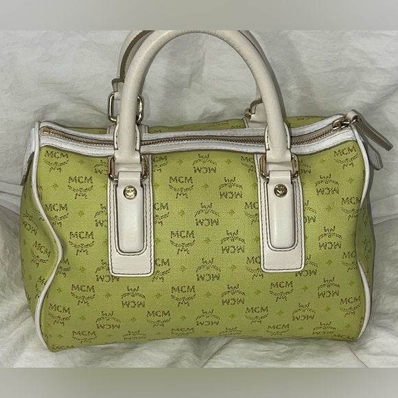 MCM Handbag Boston Speedy Bag Green MCM Leather Visetos Satchel Tote Bags Purses - Picture 2 of 12